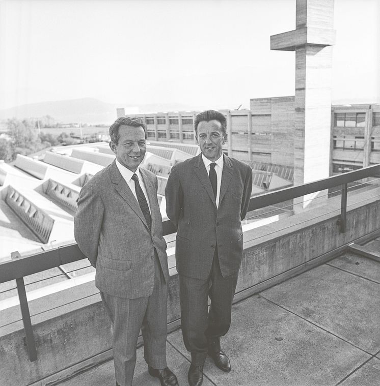 Heinrich and Klaus Gebert on the roof of Jona plant   early 1970s (HISTORY 150YoT)_Original