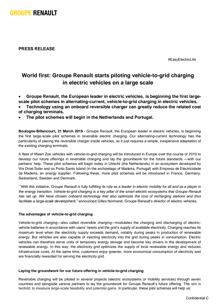 VÄRLDSPREMIÄR: RENAULT STARTAR PILOTPROJEKT MED V2G – (VEHICLE-TO-GRID)-LADDNING I ELBILARNA 