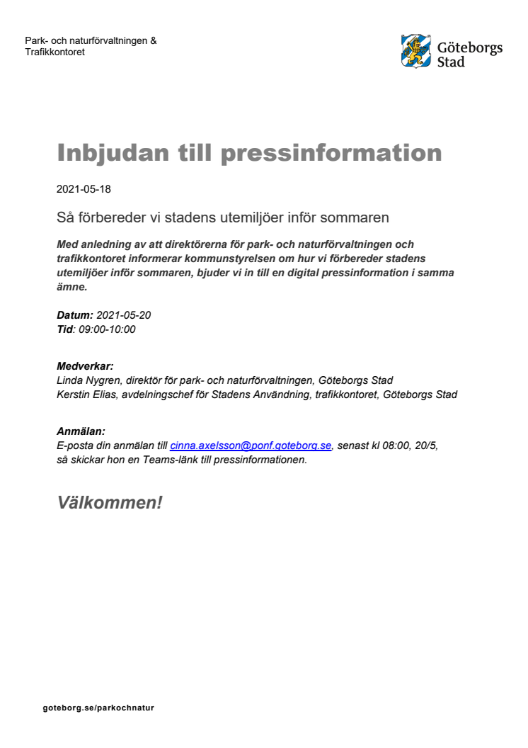 Pressinformation 20 maj om sommarförberedelser av stadens utemiljöer