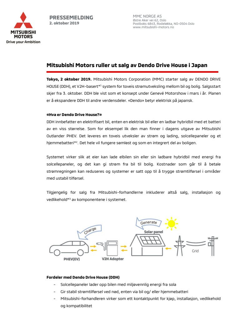 Mitsubishi Motors ruller ut salg av Dendo Drive House i Japan