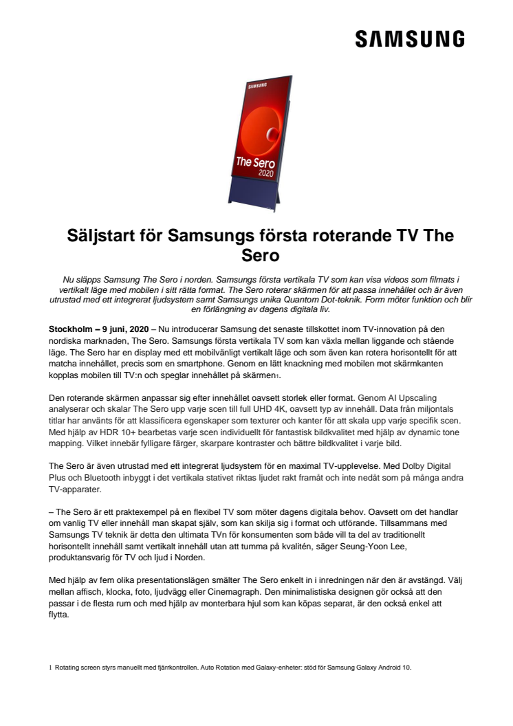 Säljstart för Samsungs första roterande TV The Sero 