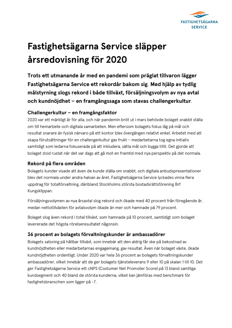 Fastighetsägarna Service släpper årsredovisning för 2020