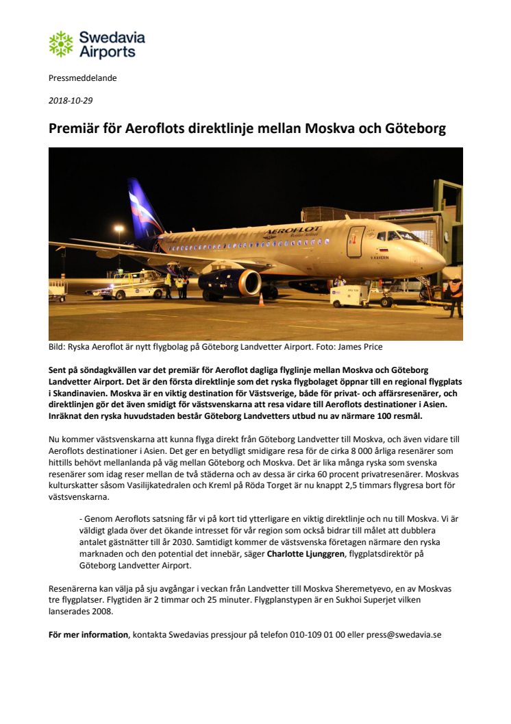 Premiär för Aeroflots direktlinje mellan Moskva och Göteborg