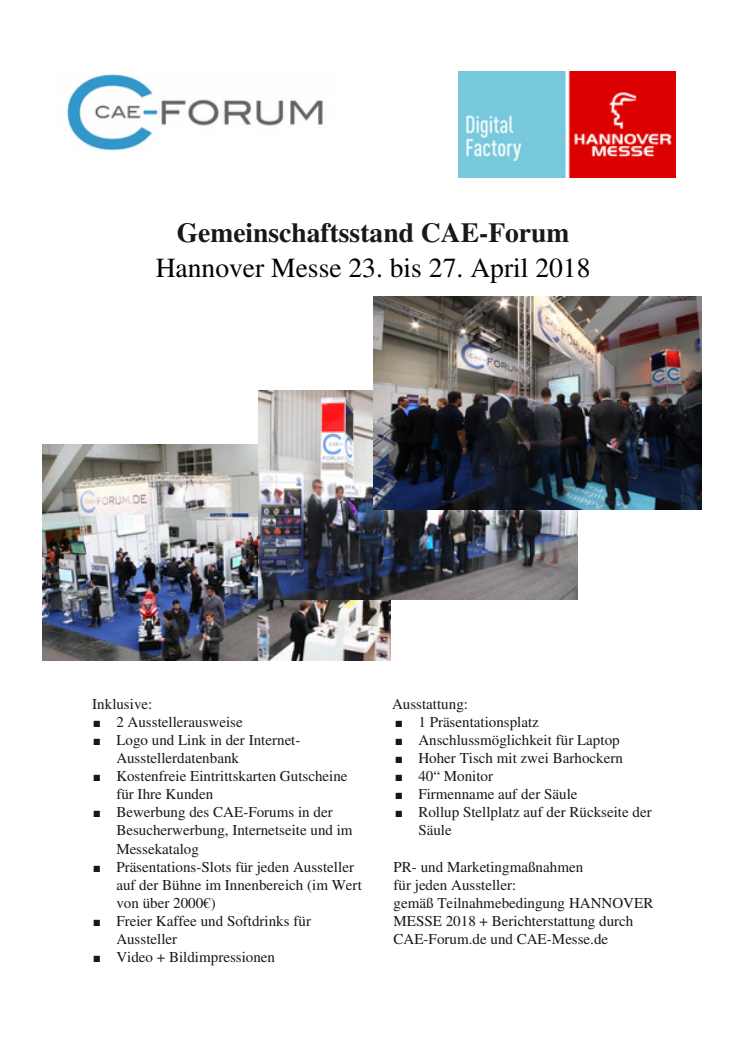 Anmeldung zur Teilnahme am CAE-Forum Gemeinschaftsstand auf der Hannover Messe 2018