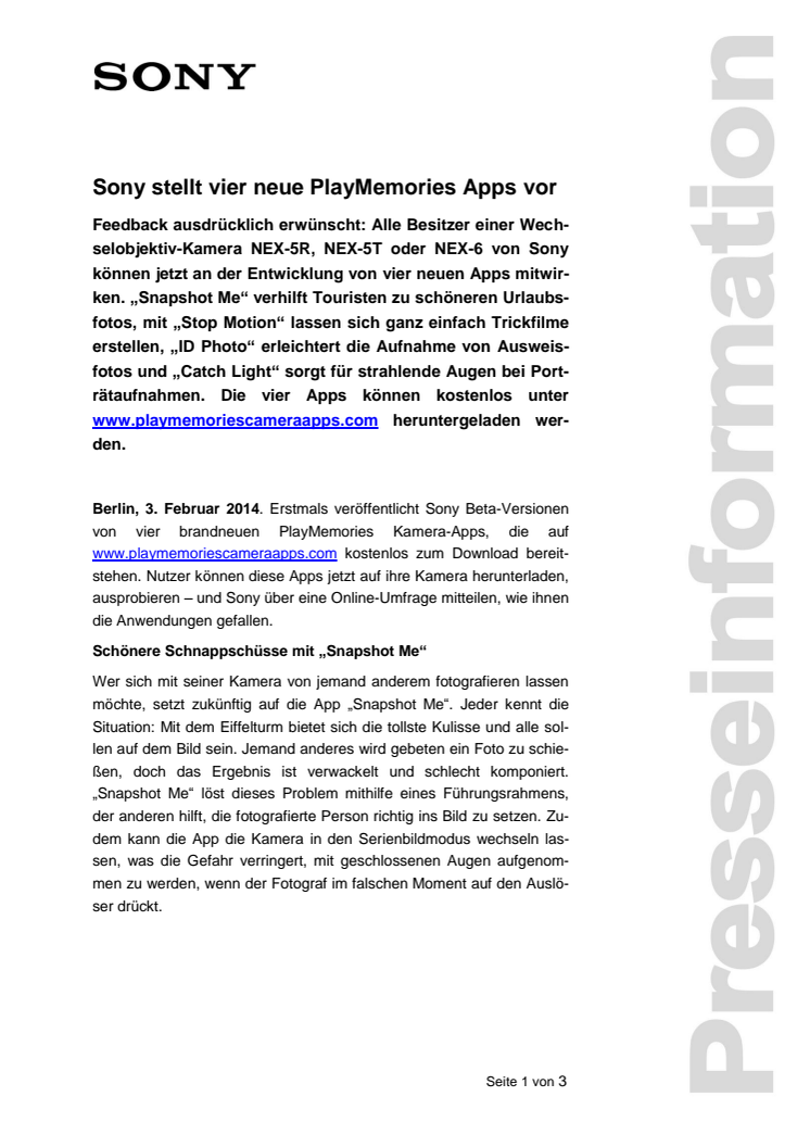 Sony stellt vier neue PlayMemories Apps vor