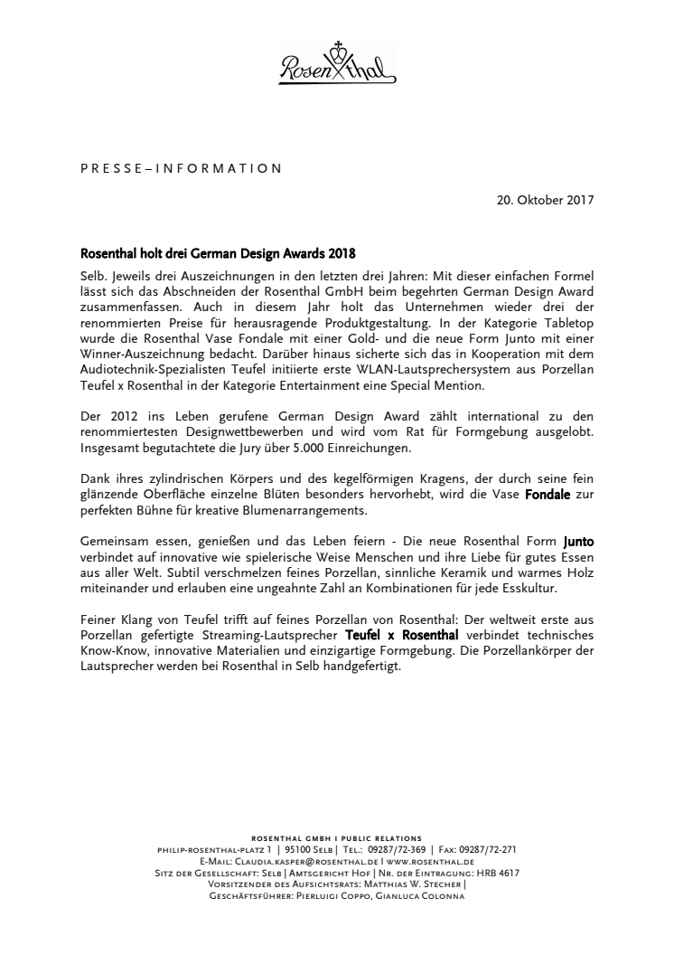 Rosenthal gewinnt drei German Design Awards 2018 