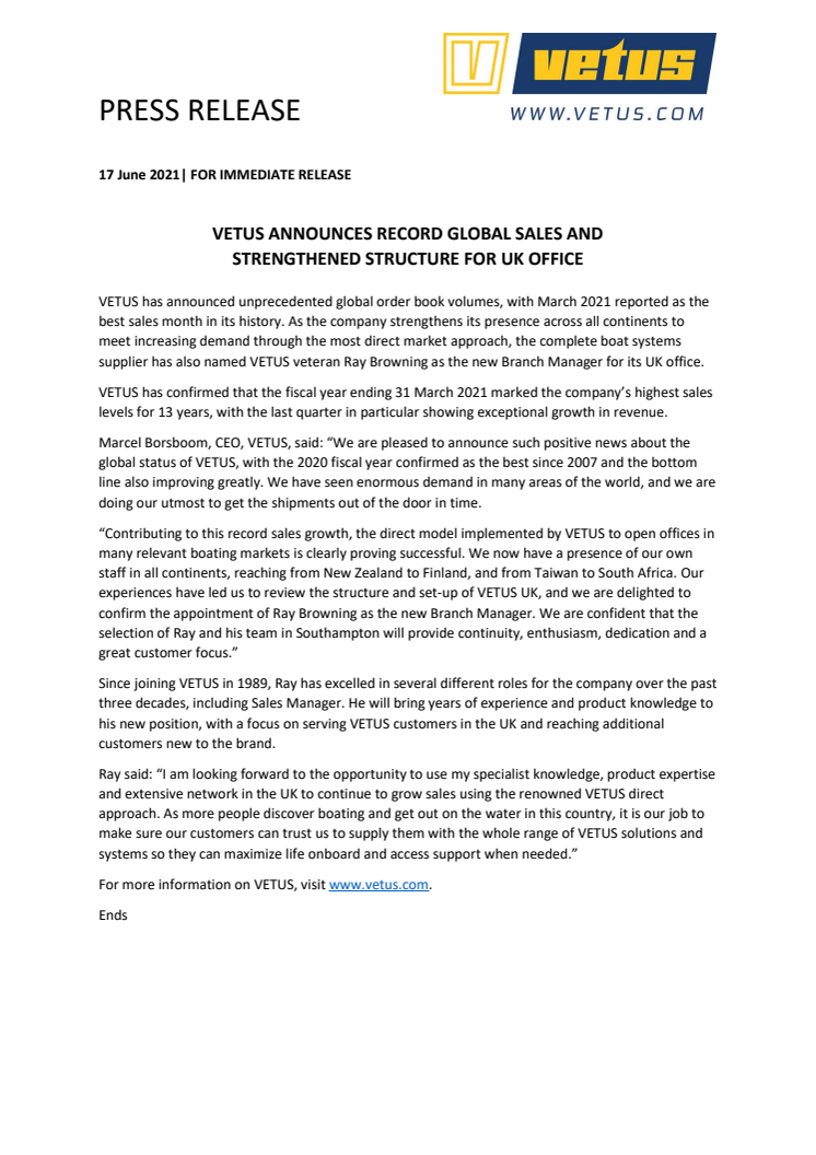 VETUS Announces Record Global Sales