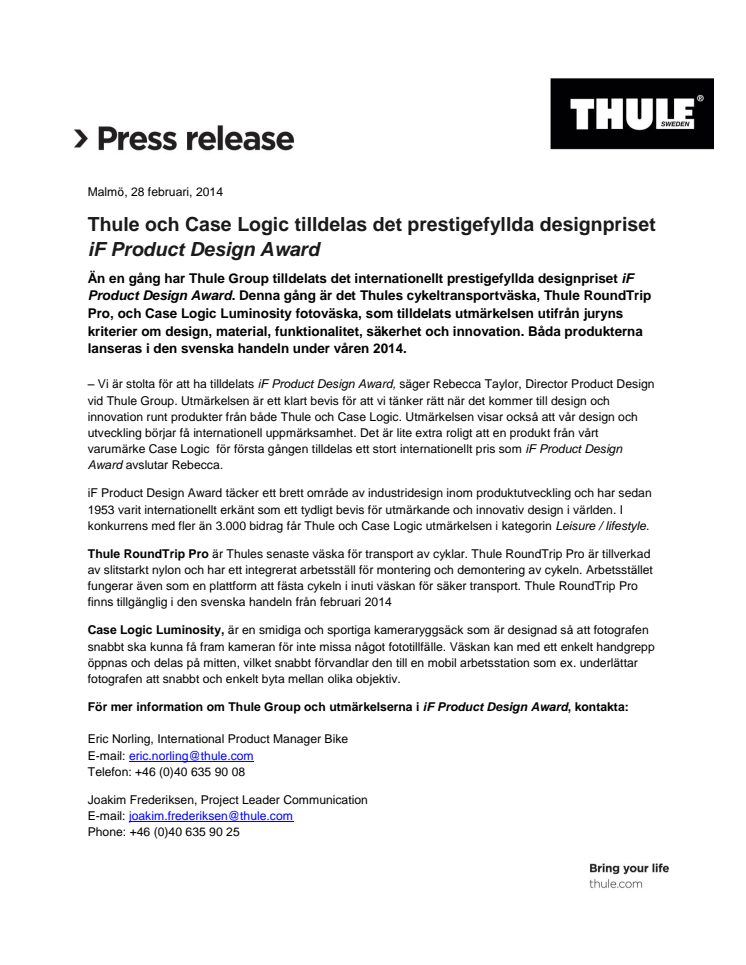 Thule och Case Logic tilldelas det prestigefyllda designpriset iF Product Design Award