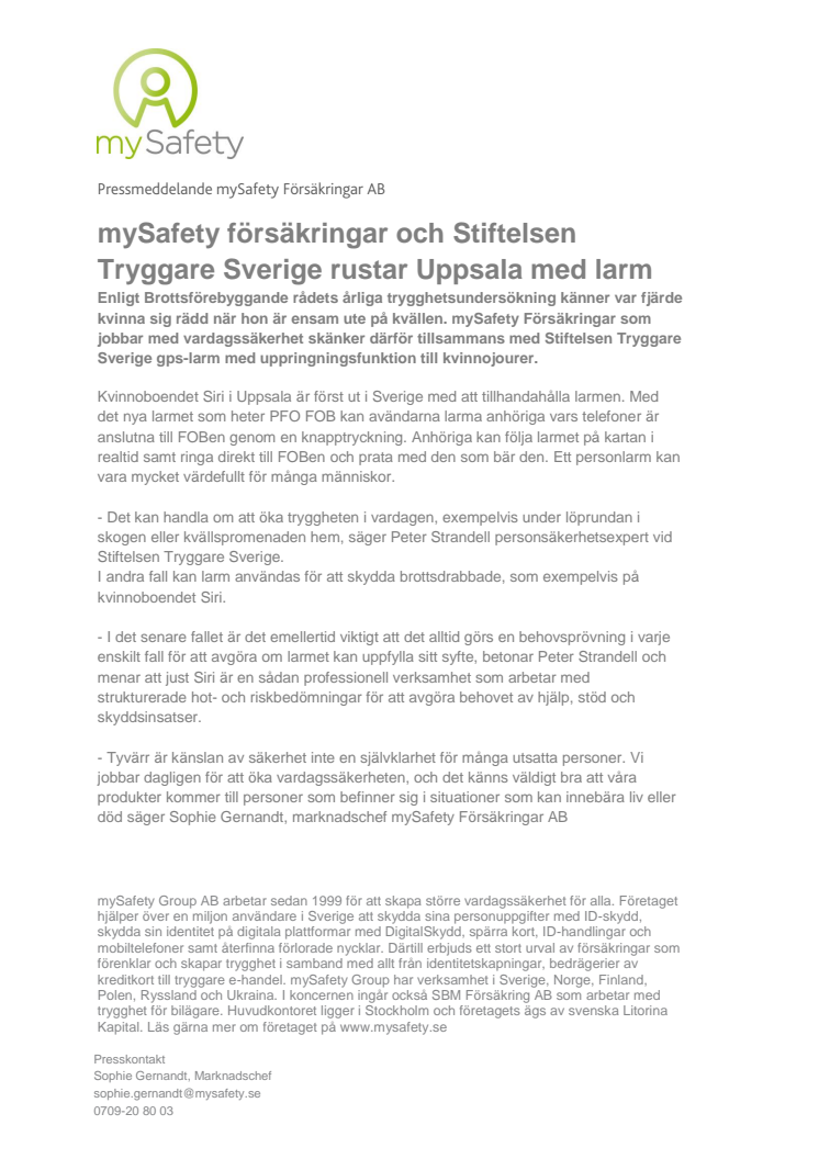 mySafety Försäkringar och Stiftelsen Tryggare Sverige rustar Uppsala med larm