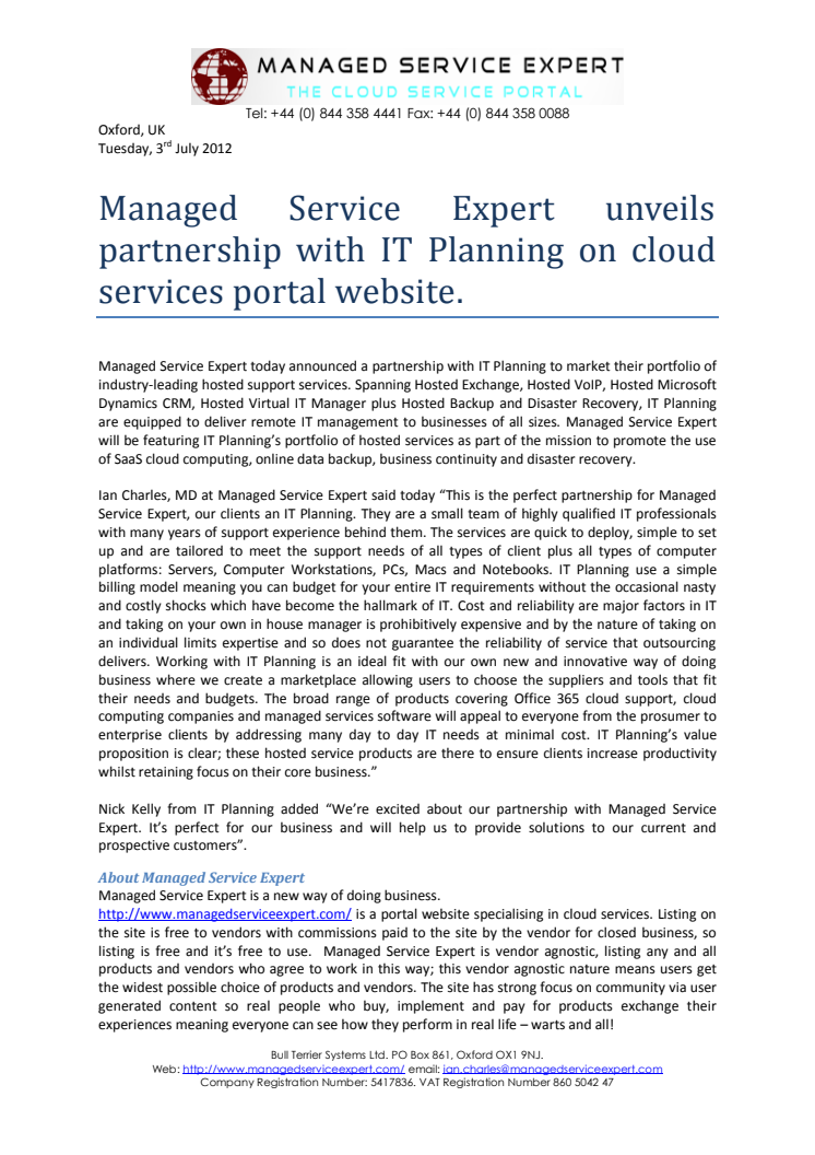 Managed Service Expert unveils partnership with IT Planning on cloud services portal website.