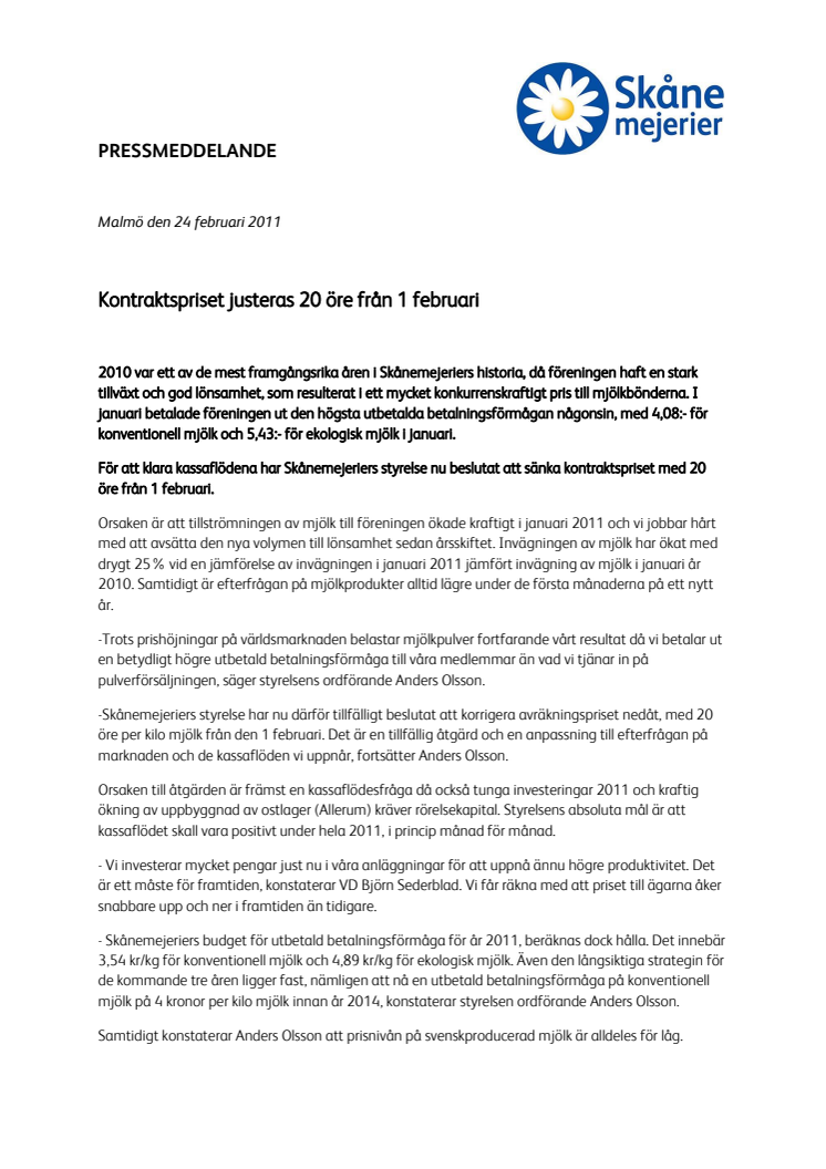 Kontraktspriset justeras 20 öre från 1 februari