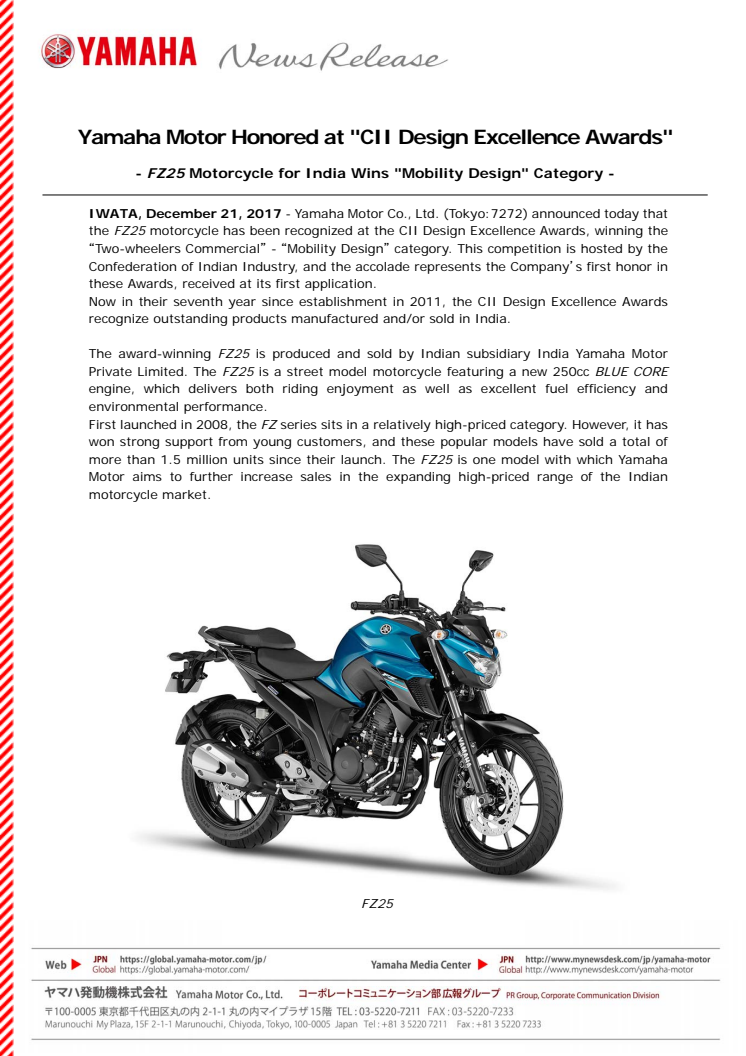 Yamaha Motor Honored at "CII Design Excellence Awards"　- FZ25 Motorcycle for India Wins "Mobility Design" Category -