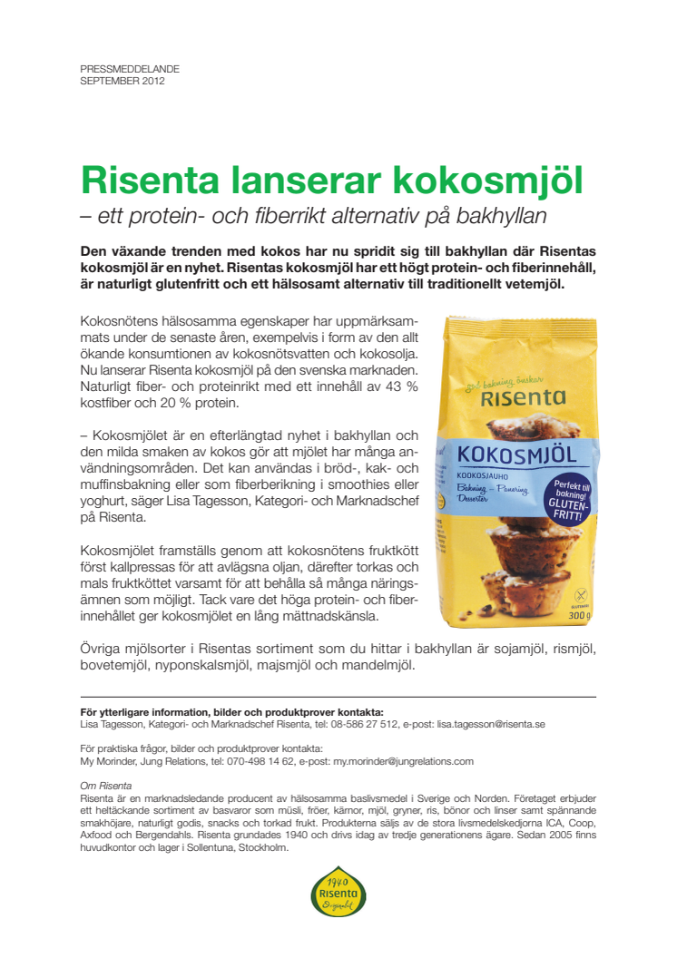 Risenta lanserar kokosmjöl