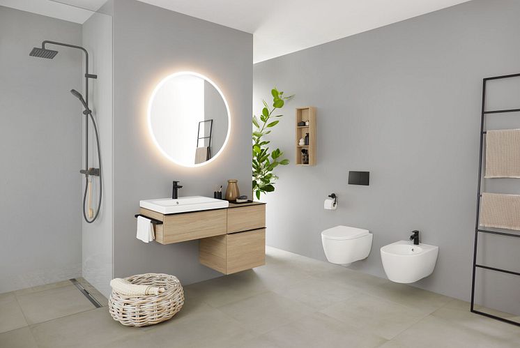 2023_iCon Bathroom with lay-on washbasin white matt, WC wall-hung white matt, Bidet wall-hung white matt, Option Mirror Round 90 light on_2_Big Size