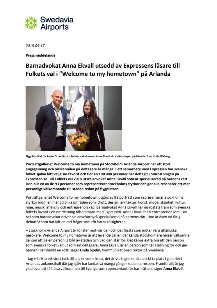 Barnadvokat Anna Ekvall utsedd av Expressens läsare till Folkets val i Welcome to my hometown på Arlanda 