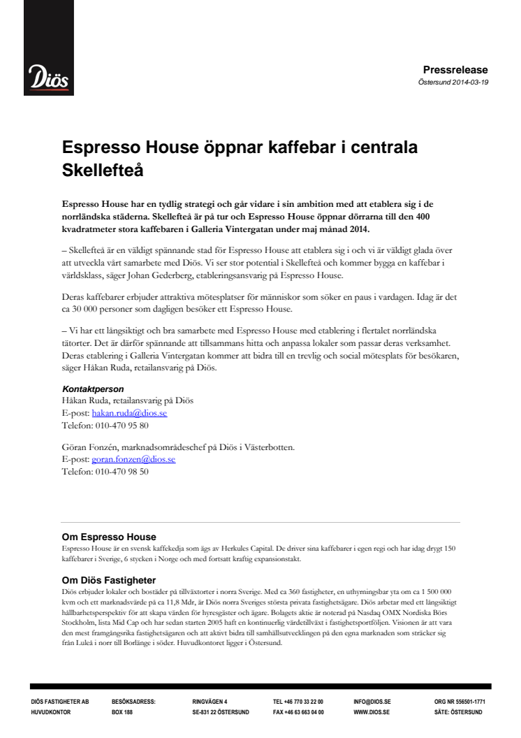 Espresso House öppnar kaffebar i centrala Skellefteå