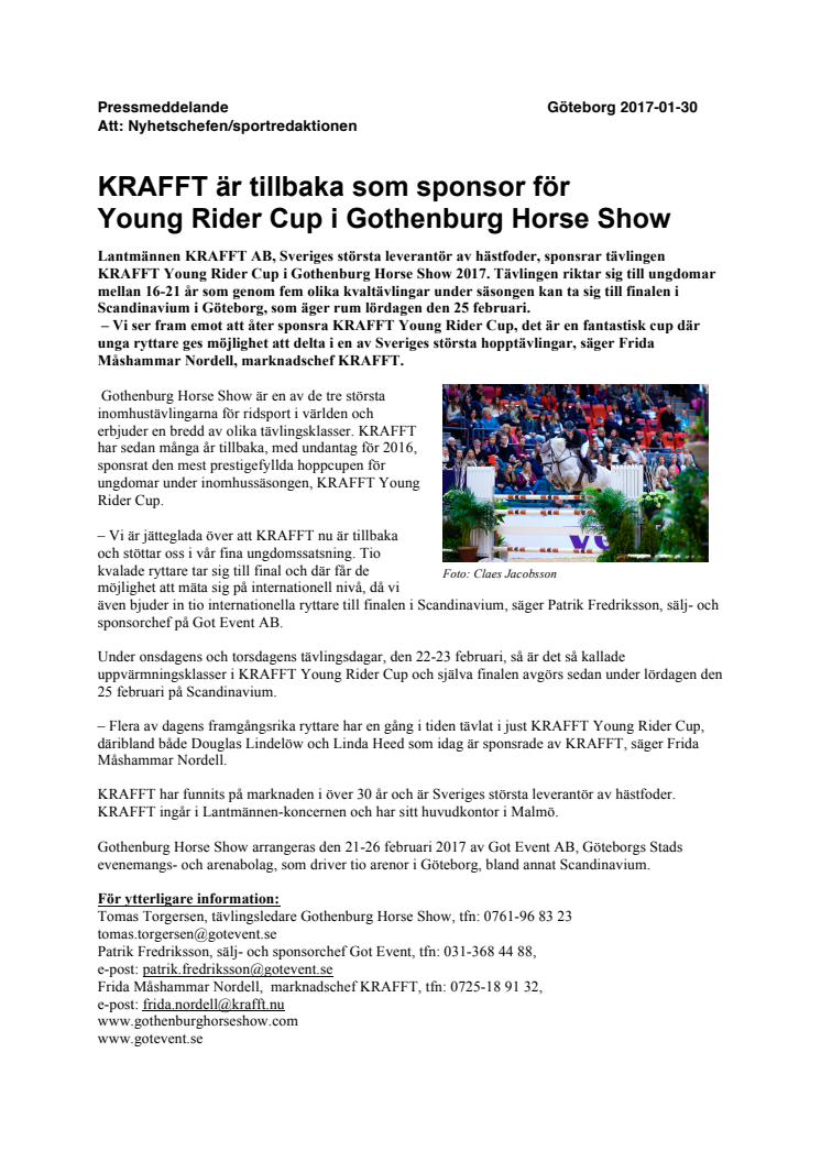 KRAFFT är tillbaka som sponsor för  Young Rider Cup i Gothenburg Horse Show