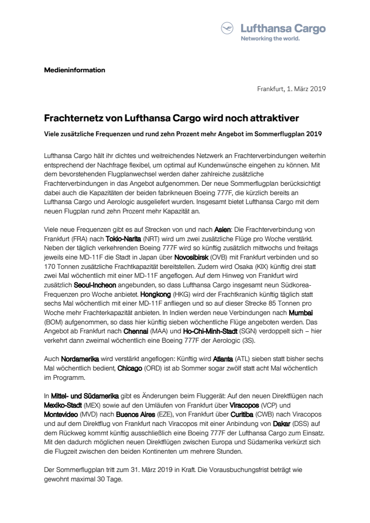 Frachternetz von Lufthansa Cargo wird noch attraktiver