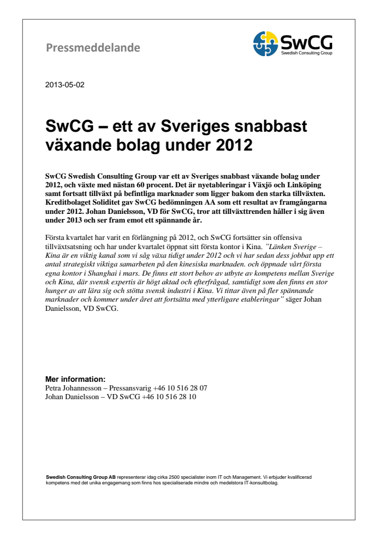 SwCG – ett av Sveriges snabbast växande bolag under 2012