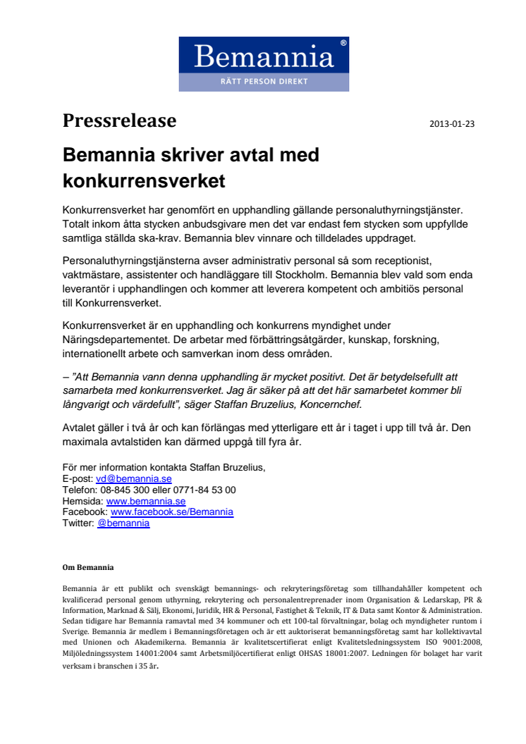 Bemannia skriver avtal med Konkurrensverket