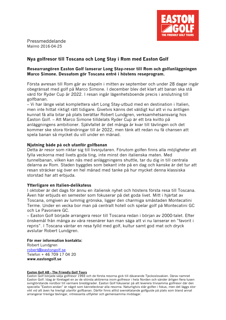 Nya golfresor till Toscana och Long Stay i Rom med Easton Golf