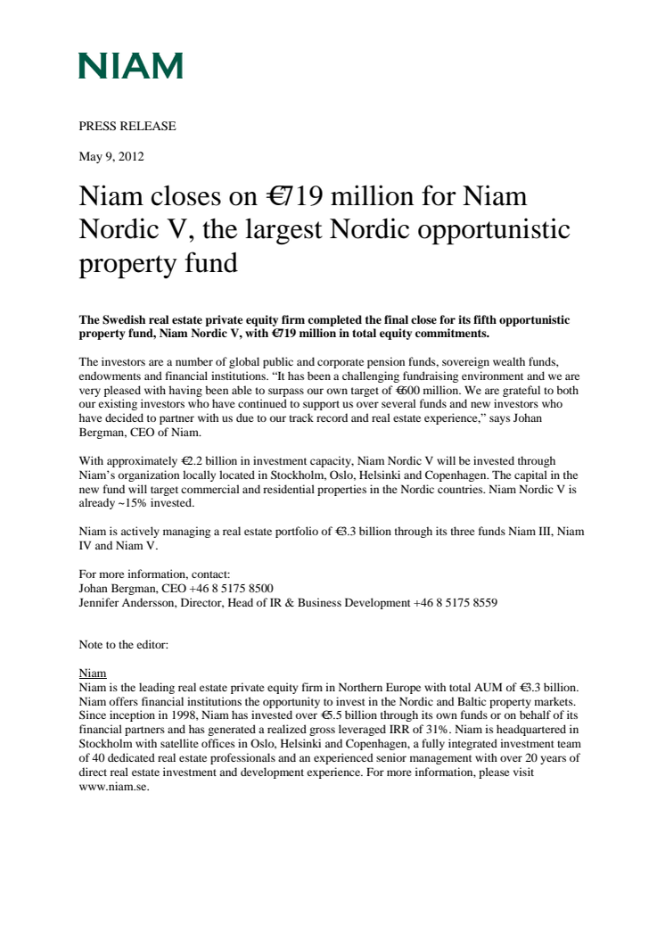 Niam closes on €719 million for Niam Nordic V, the largest Nordic opportunistic property fund