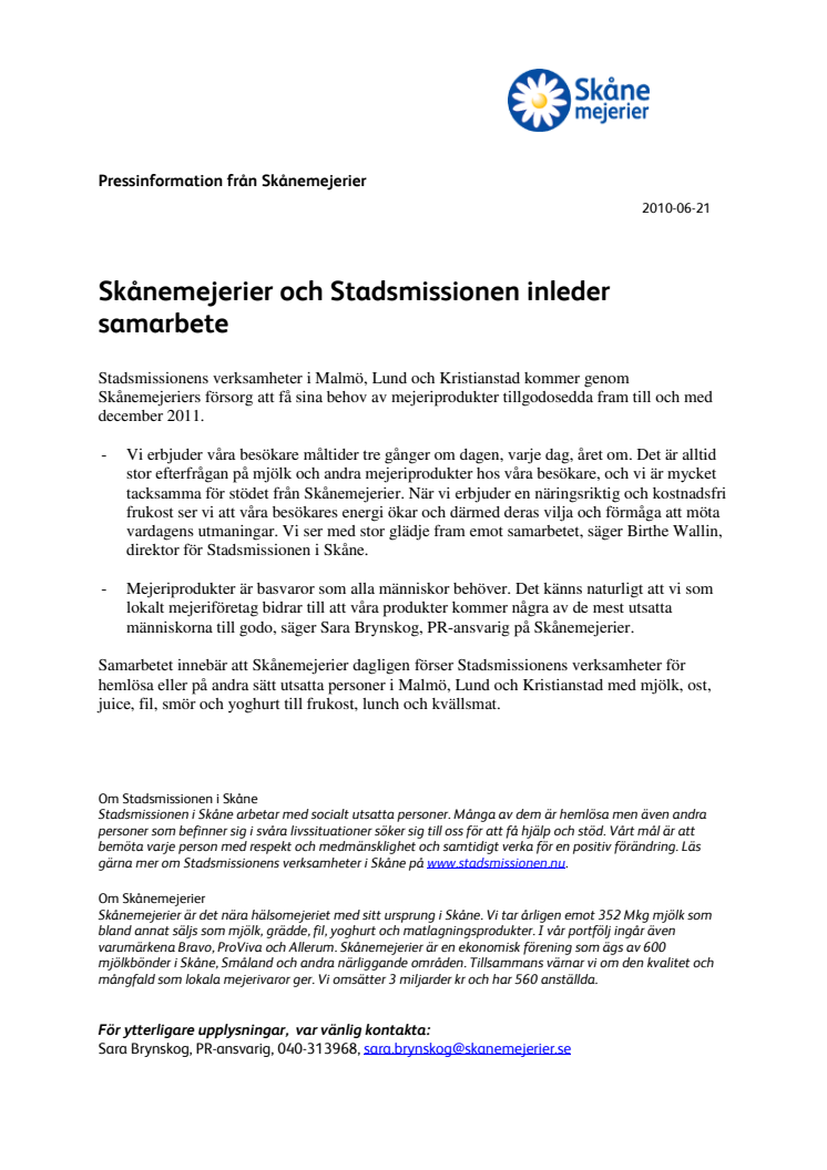 Skånemejerier och Stadsmissionen inleder samarbete