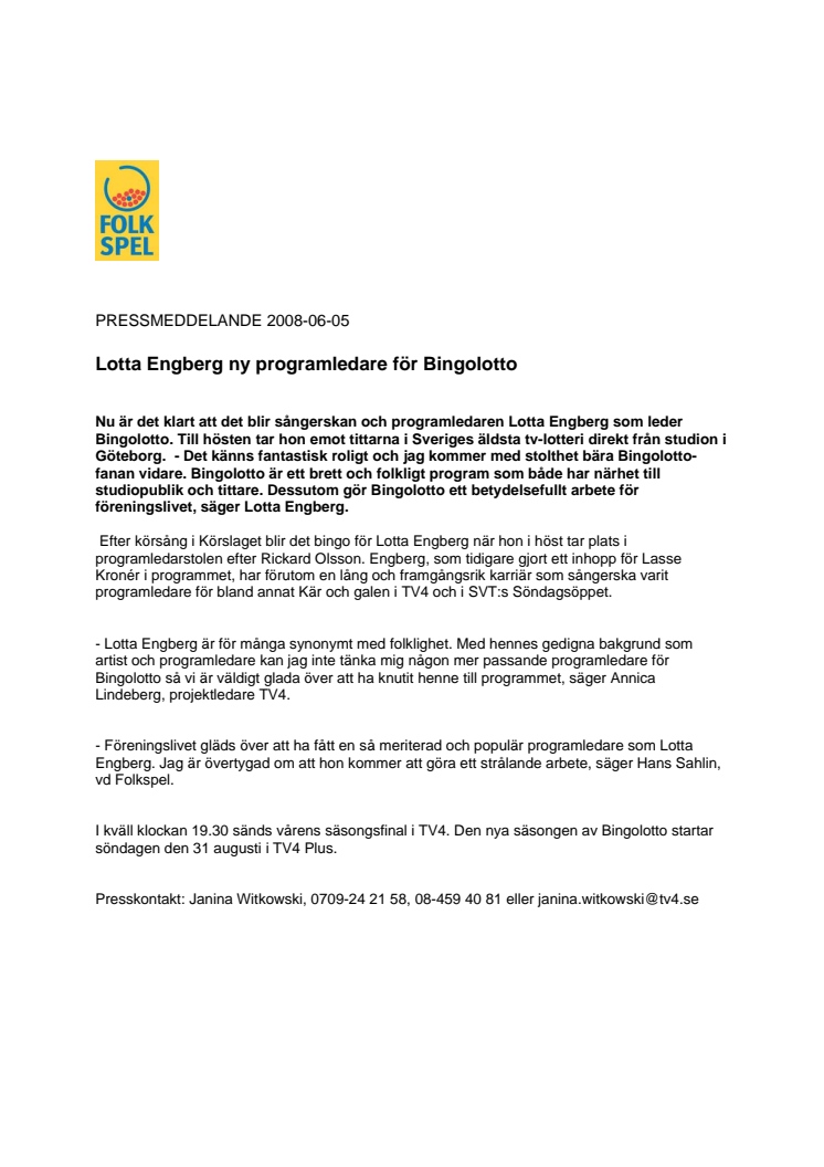 Lotta Engberg ny programledare för Bingolotto