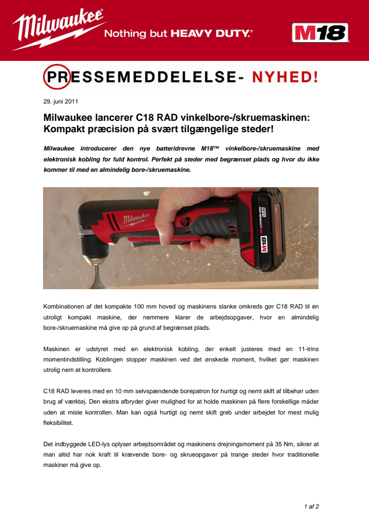 Milwaukee lancerer C18 RAD vinkelbore-/skruemaskinen: Kompakt præcision på svært tilgængelige steder!