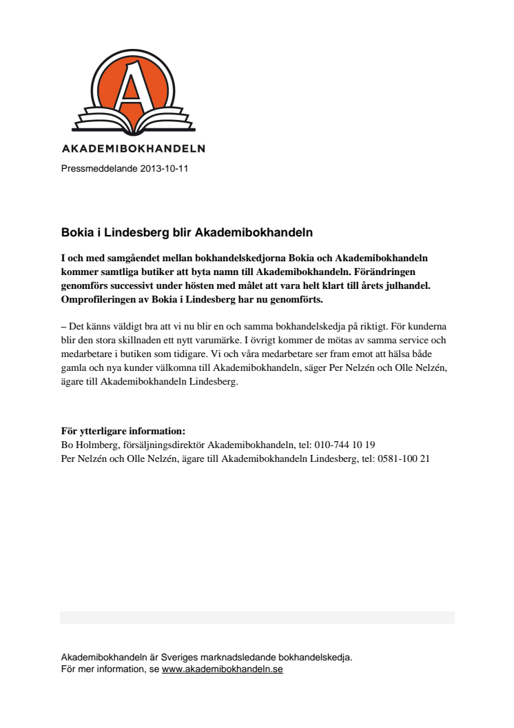 Bokia i Lindesberg blir Akademibokhandeln 