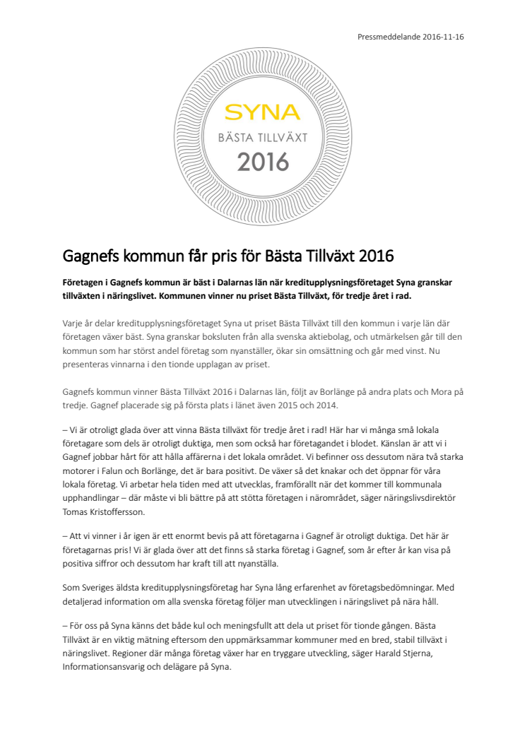 Gagnefs kommun får pris för Bästa Tillväxt 2016