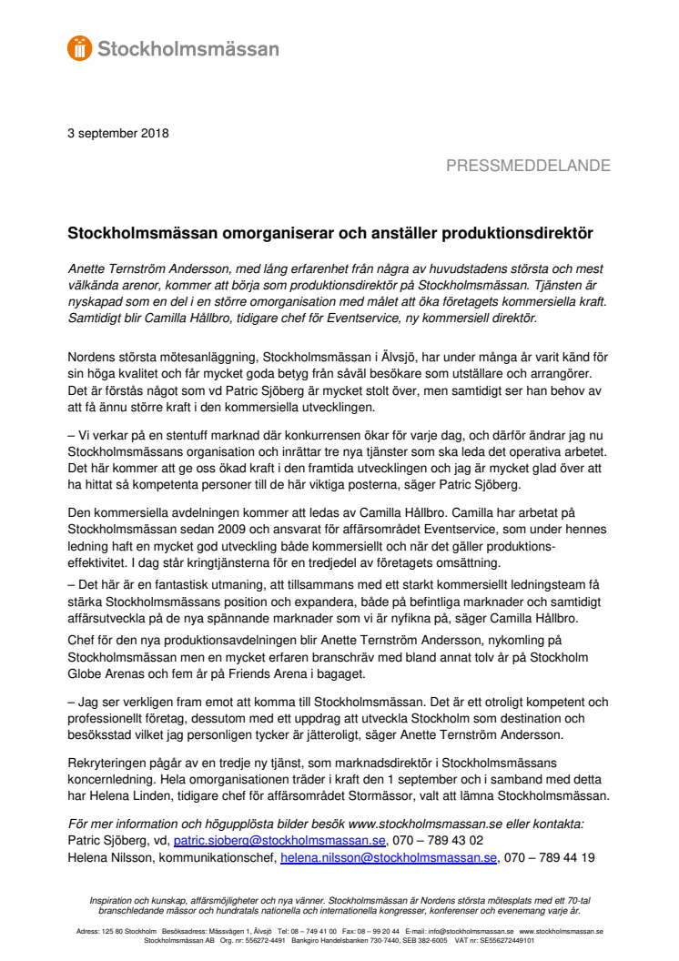 Stockholmsmässan omorganiserar och anställer produktionsdirektör