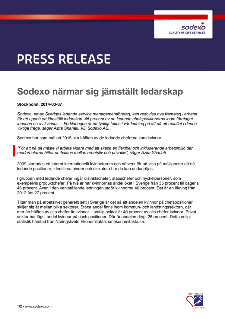 Sodexo närmar sig jämställt ledarskap