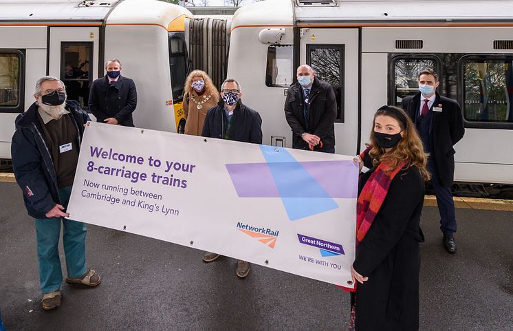 Celebrating the first, preview, of an 8-carriage train at King's Lynn station, 11 December 2020