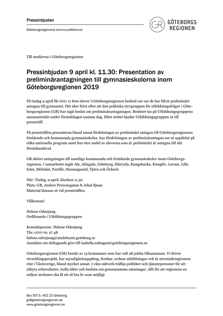 Inbjudan till pressträff tisdag 9 april kl. 11.30 - Presentation av preliminärantagningen till gymnasieskolorna inom Göteborgsregionen 2019