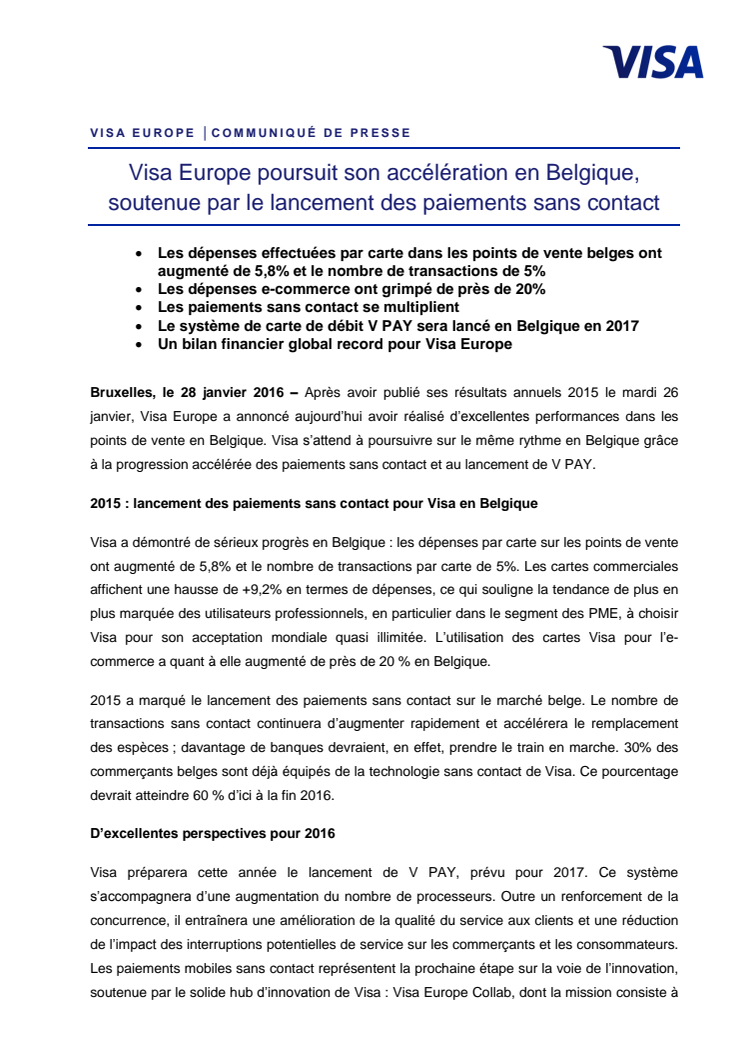 Visa Europe poursuit son accélération en Belgique, soutenue par le lancement des paiements sans contact 