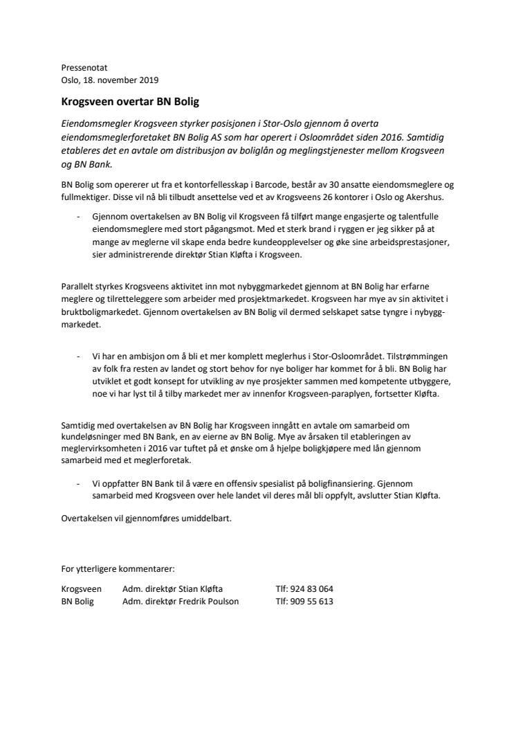 Krogsveen overtar BN Bolig