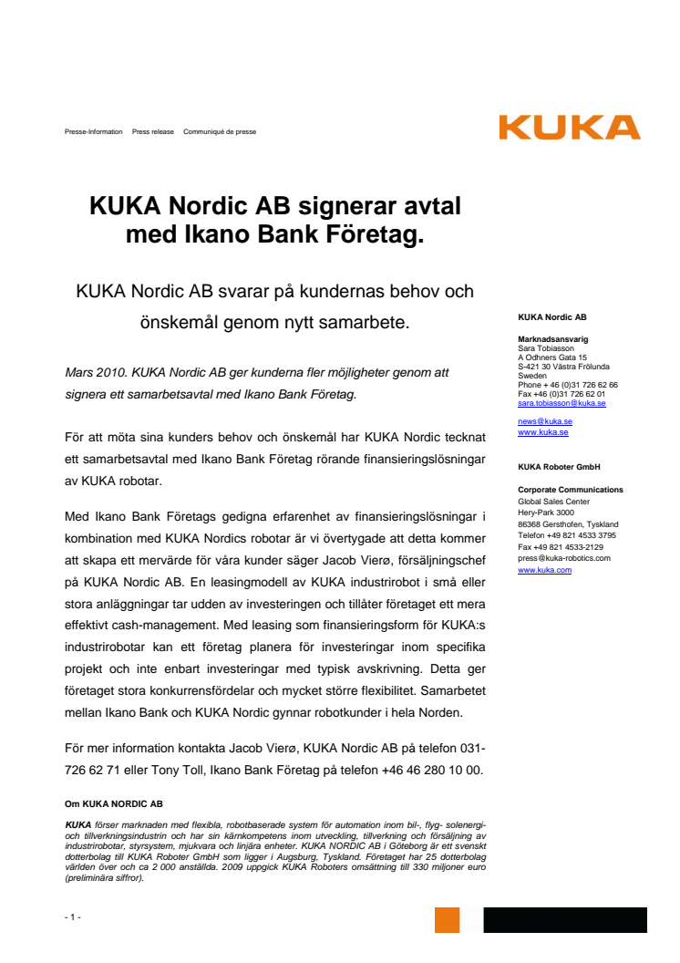 KUKA Nordic AB signerar avtal med Ikano Bank Företag.