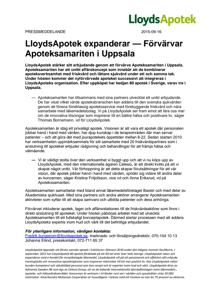 LloydsApotek expanderar — Förvärvar Apoteksamariten i Uppsala 