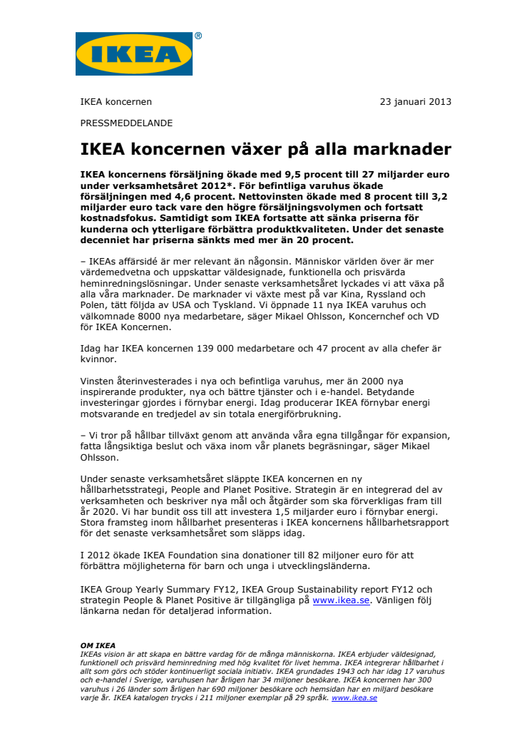 IKEA koncernen växer på alla marknader 