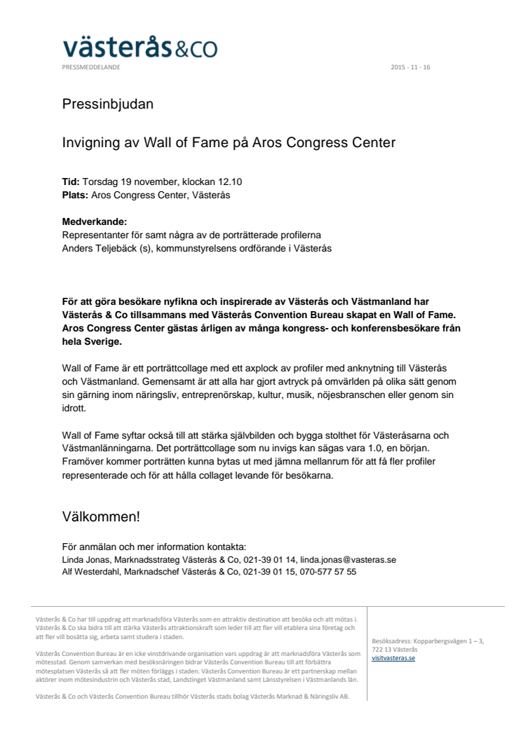 Pressinbjudan- Invigning av Wall of Fame på Aros Congress Center