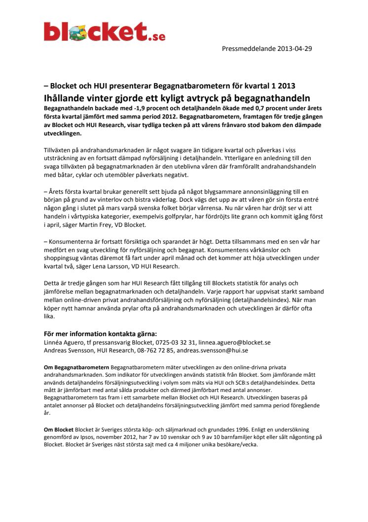 Begagnatbarometern Q1/2013: Ihållande vinter gjorde ett kyligt avtryck på begagnathandeln