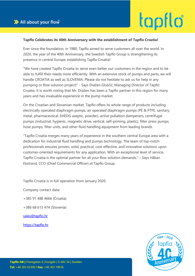 Tapflo Celebrates its 40th Anniversary with the establishment of Tapflo Croatia!