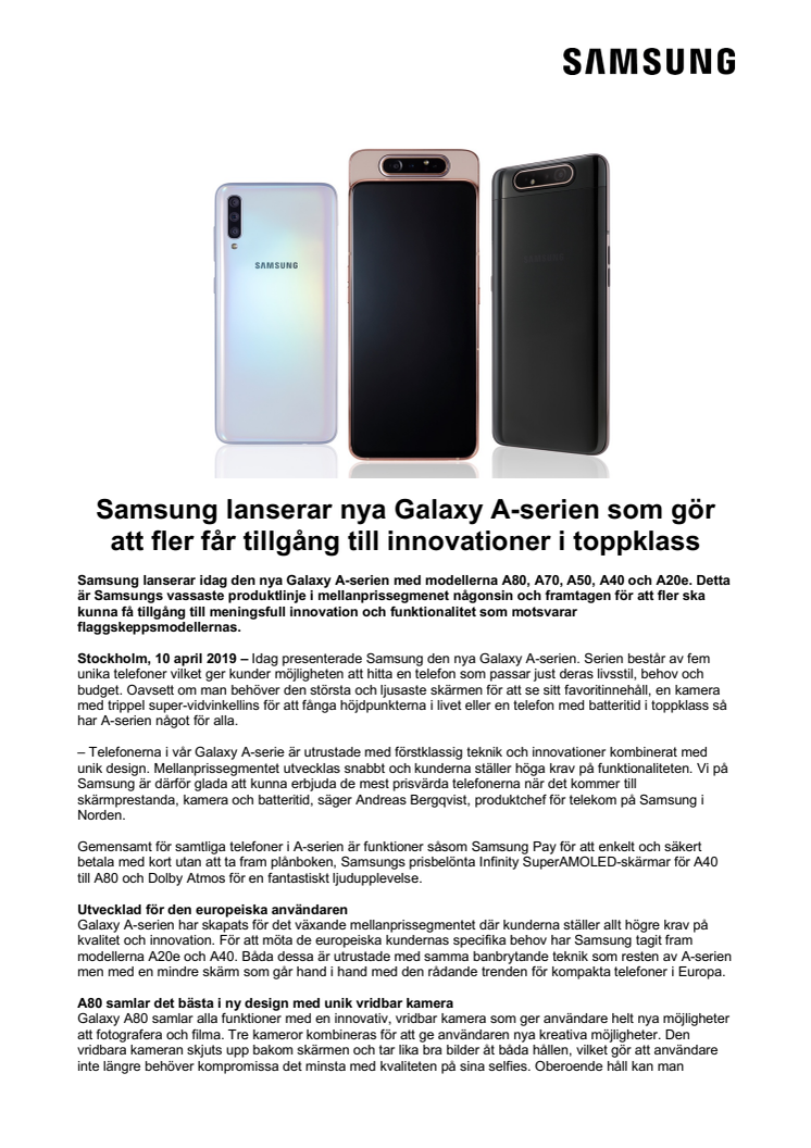 Samsung lanserar nya Galaxy A-serien som gör att fler får tillgång till innovationer i toppklass