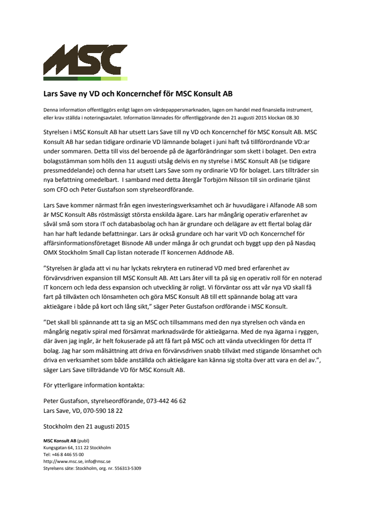 Lars Save ny VD och Koncernchef för MSC Konsult AB