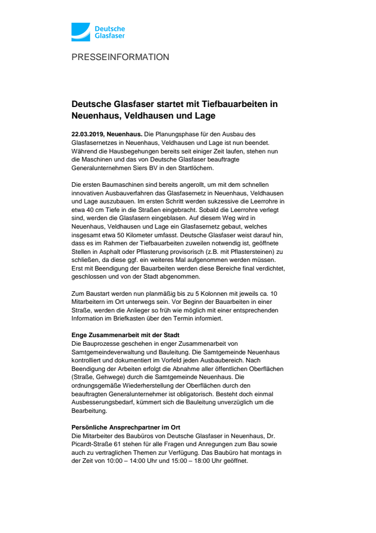 Deutsche Glasfaser startet mit Tiefbauarbeiten in Neuenhaus, Veldhausen und Lage