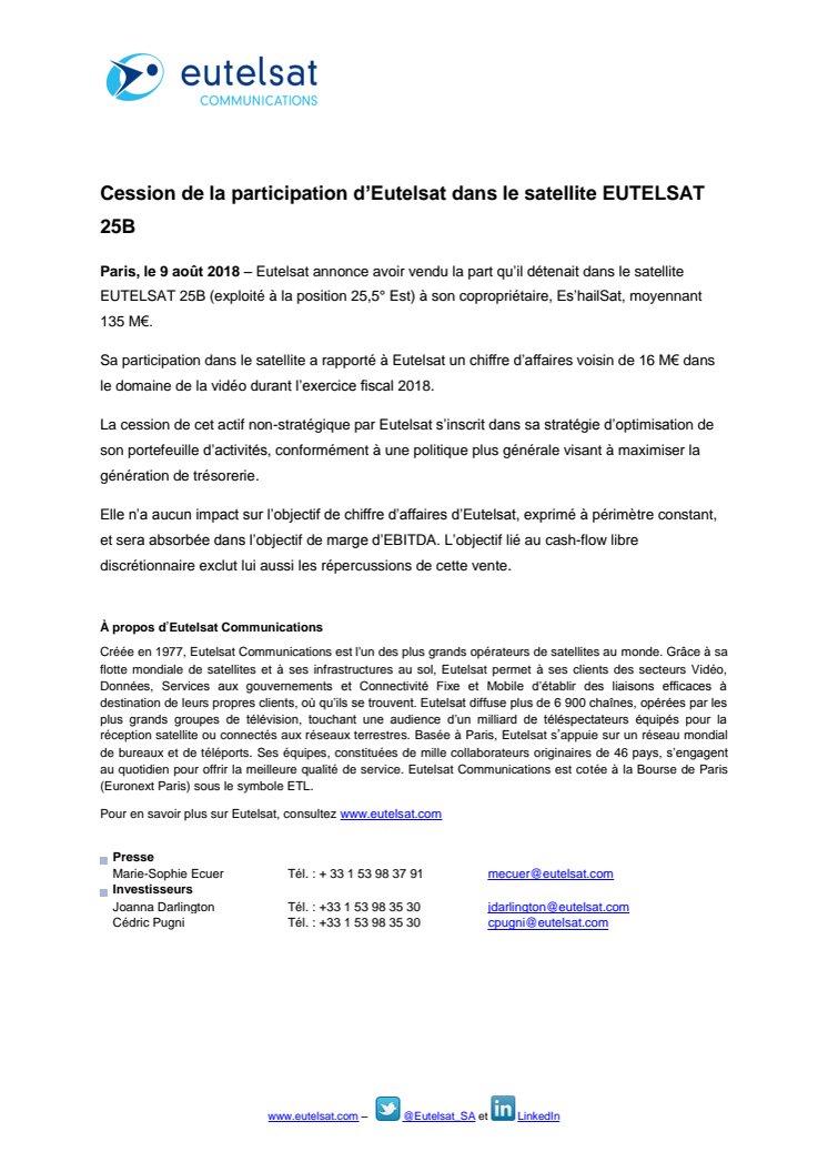 Cession de la participation d’Eutelsat dans le satellite EUTELSAT 25B