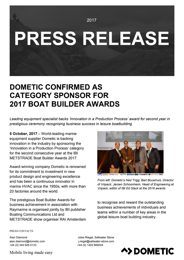 Dometic Confirmed as Category Sponsor  for 2017 Boat Builder Awards