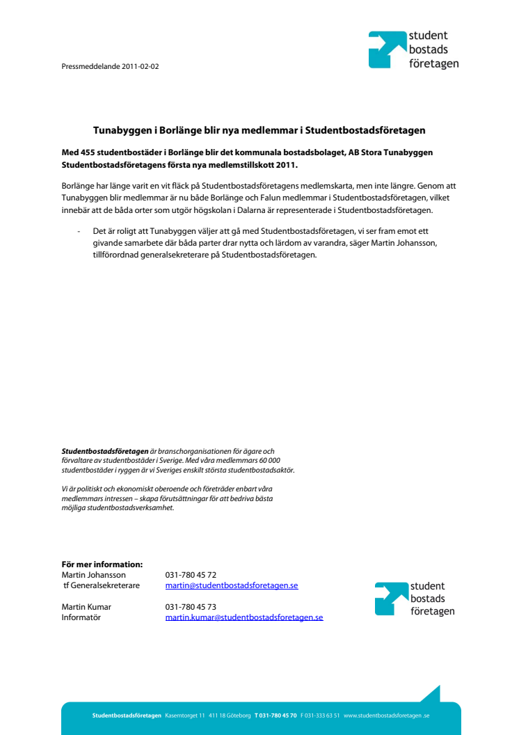 Tunabyggen i Borlänge blir nya medlemmar i Studentbostadsföretagen