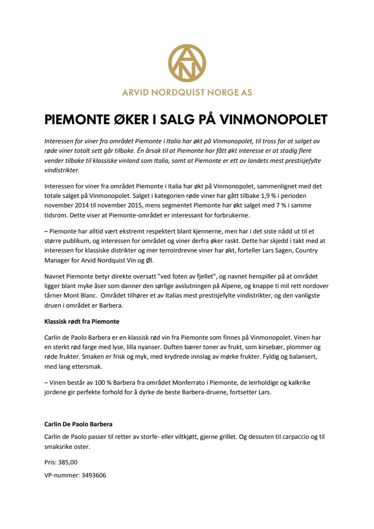 Piemonte øker i salg på Vinmonopolet
